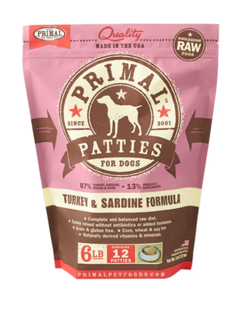 Primal Frozen Raw Turkey Sardine Patty Dog Food 6 lb - Image 1