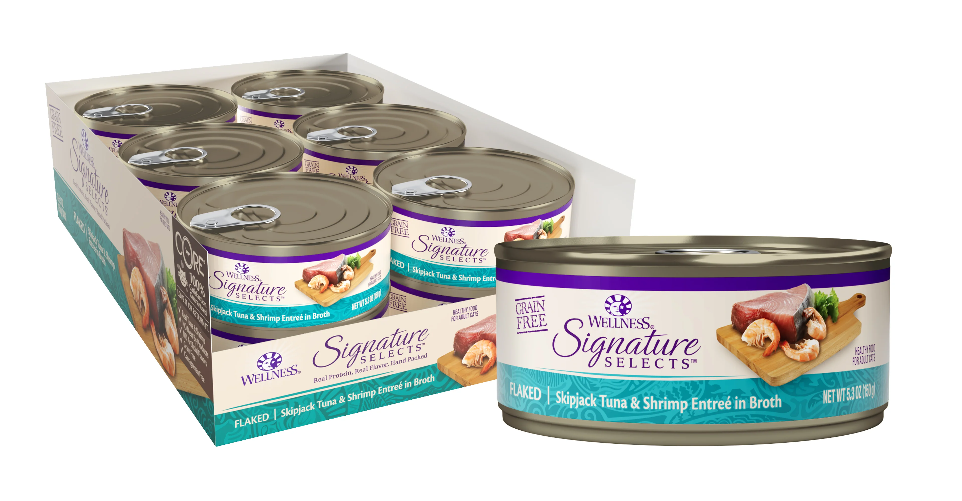 Wellness CORE Signature Selects Grain Free Canned Cat Food Flaked Skipjack Tuna & Shrimp in Broth 5.3ozs - Image 1