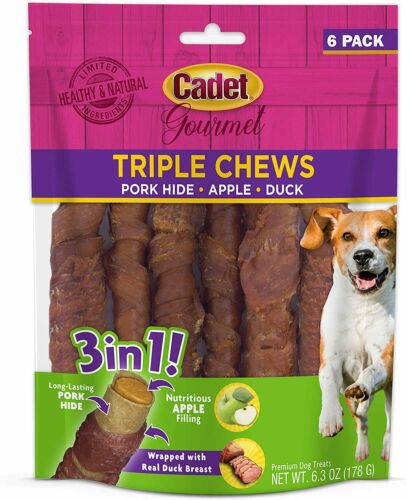 Cadet Triple Chew Dog Treat and Chew Pork-hide Wrapped in Duck Stuffed with Apple  6 Count - Image 1