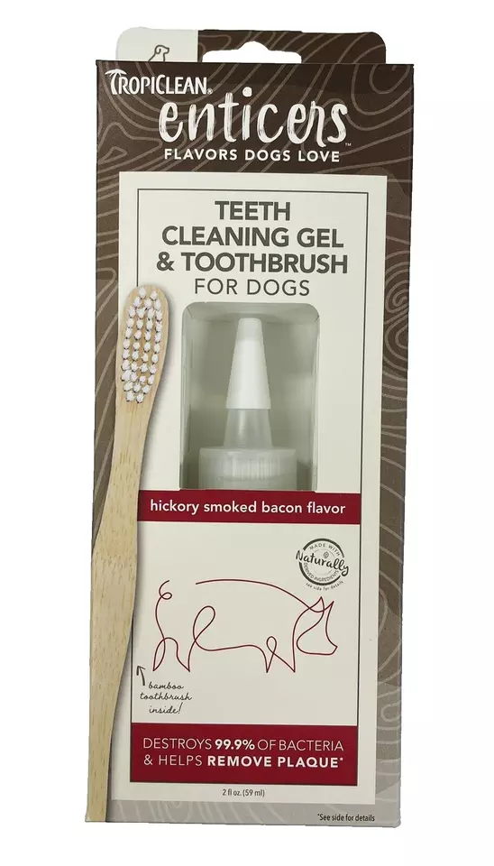 TropiClean Enticers Teeth Cleaning Gel & Toothbrush for Large Dogs - Hickory Smoked Bacon Flavor, 2oz - Image 1
