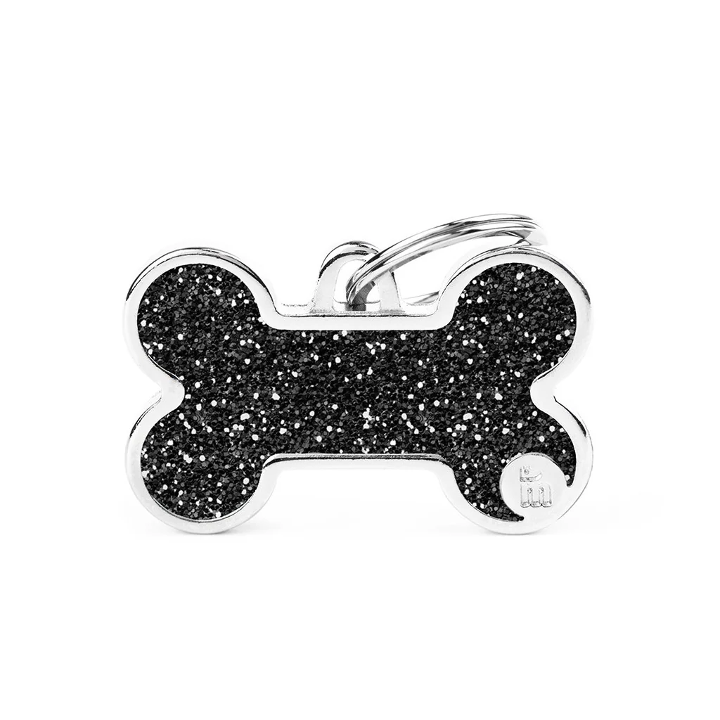 My Family ID Shine Big Black Glitter Bone ID Tag - Image 1