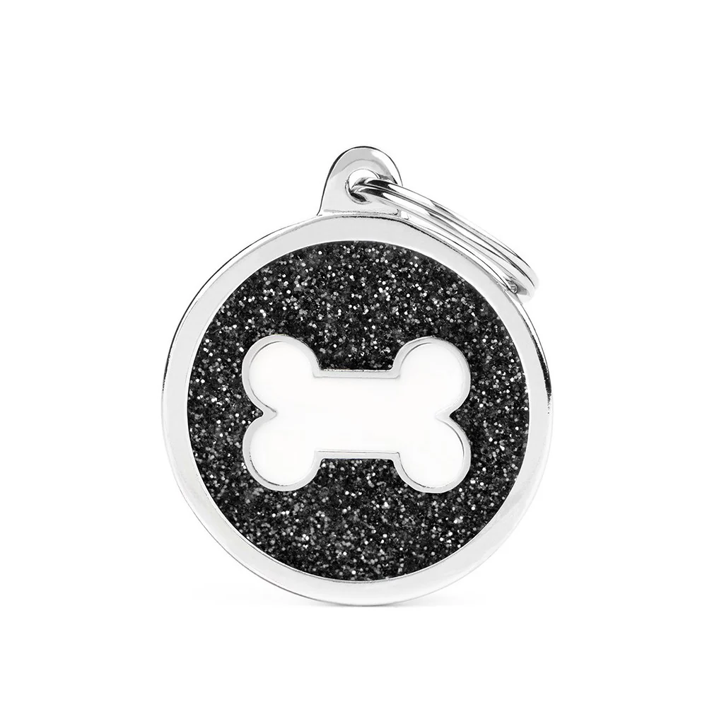 My Family ID Shine Big Black Glitter Circle White Bone ID Tag - Image 1