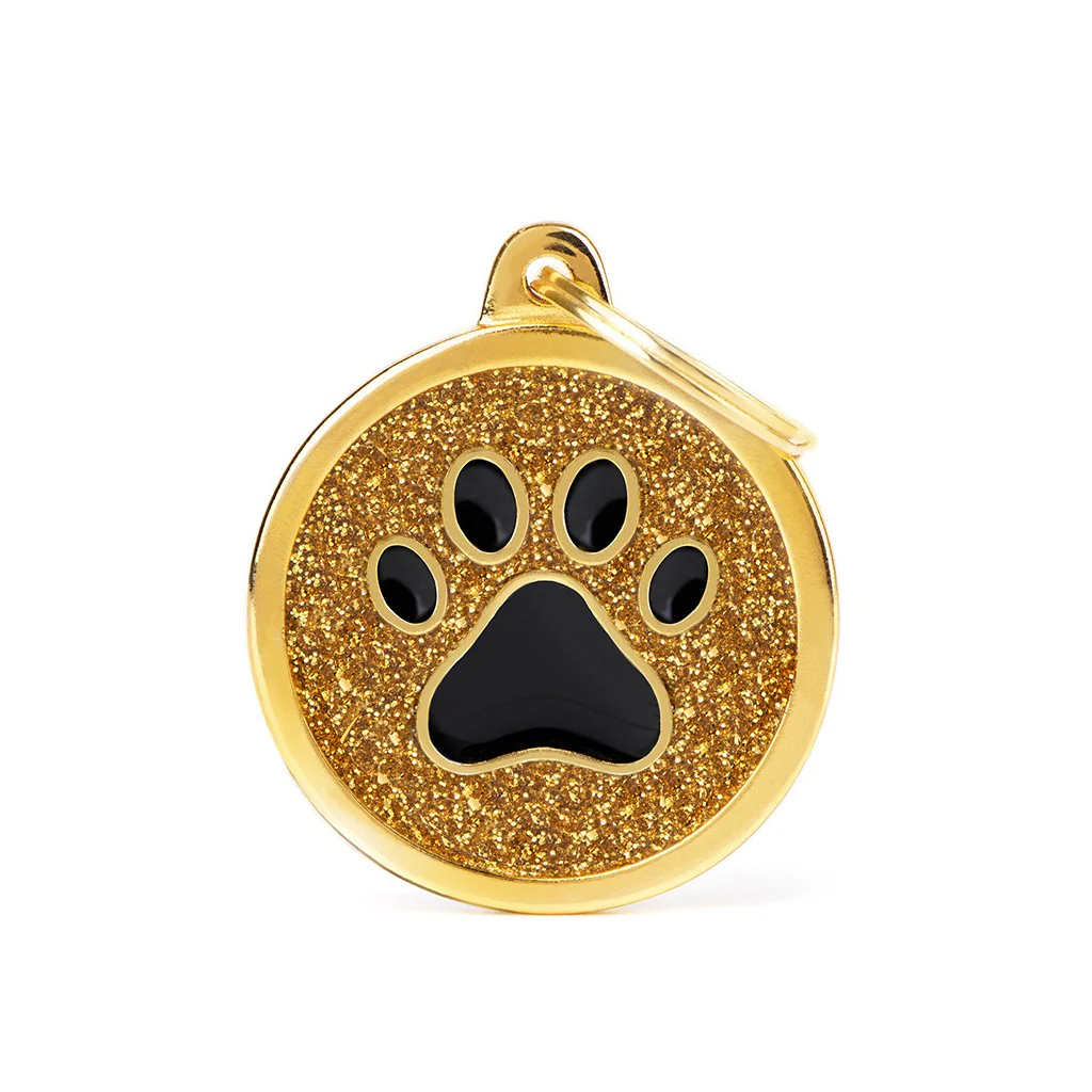 My Family ID Shine Big Gold Glitter Circle Black Paw ID Tag - Image 1