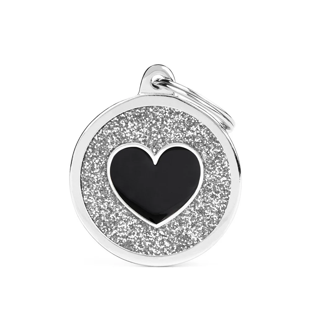 My Family ID Shine Big Grey Glitter Circle Black Heart ID Tag - Image 1