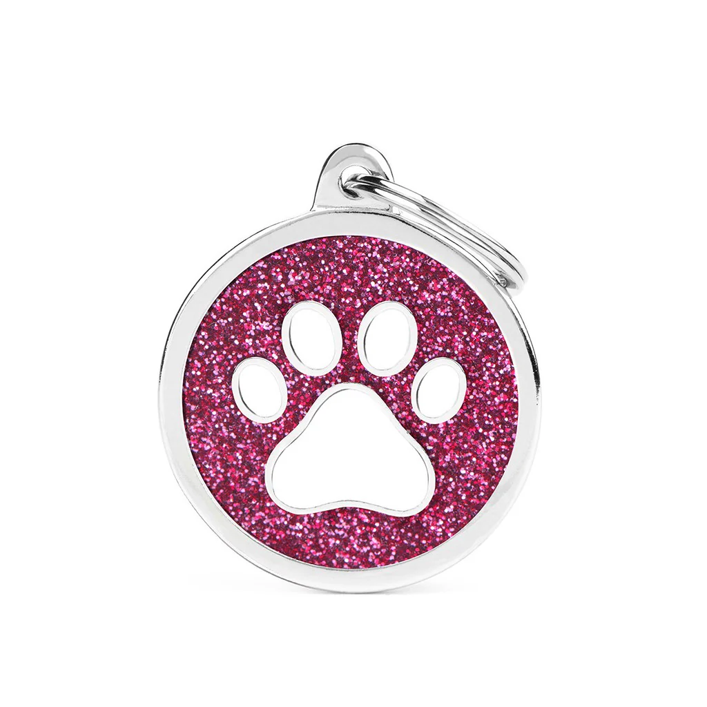 My Family ID Shine Big Pink Glitter Circle White Paw ID Tag - Image 1