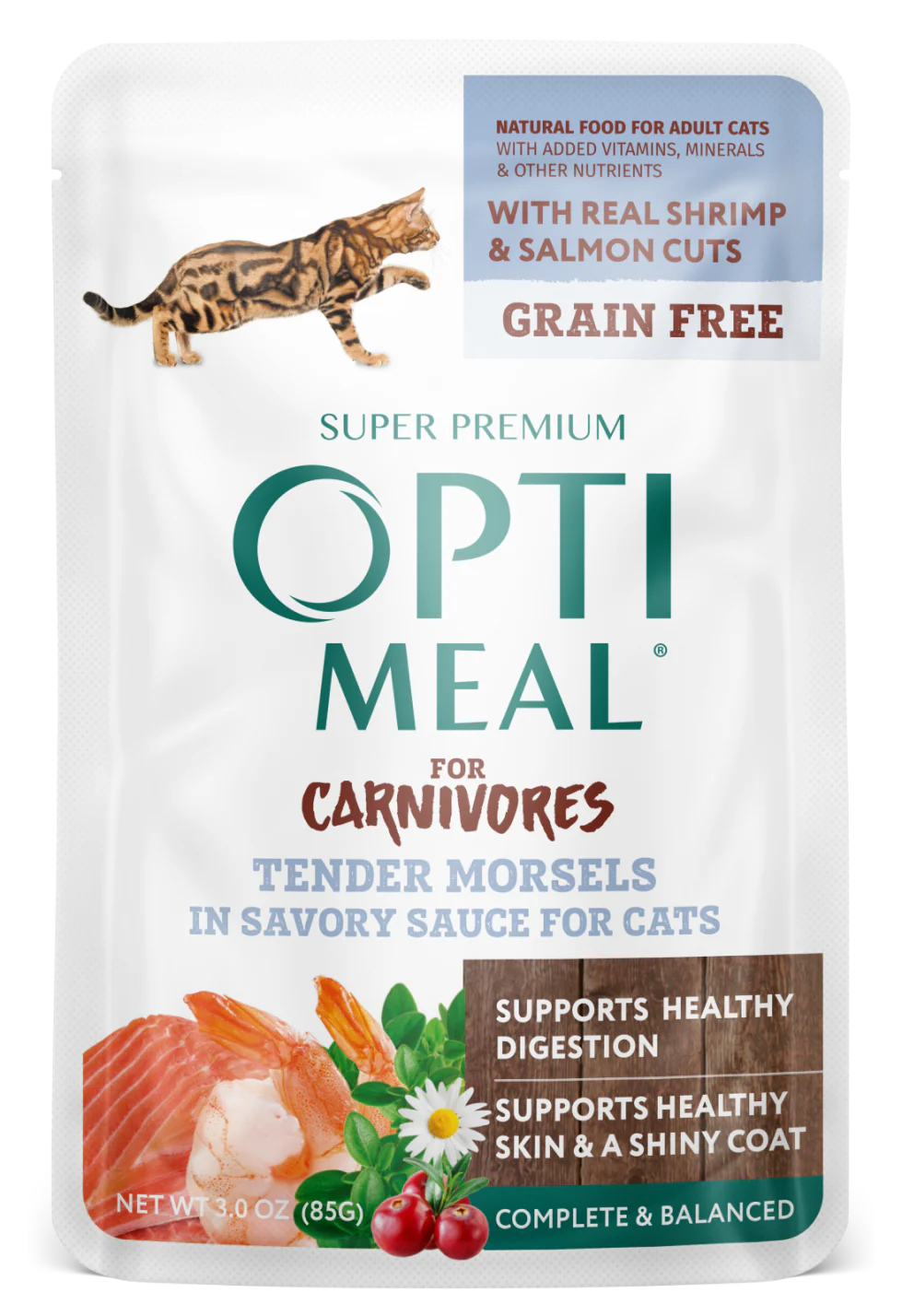 Optimeal Tender Morsels 3oz Grain Free Cat Pouch Shrimp Salmon - Image 1