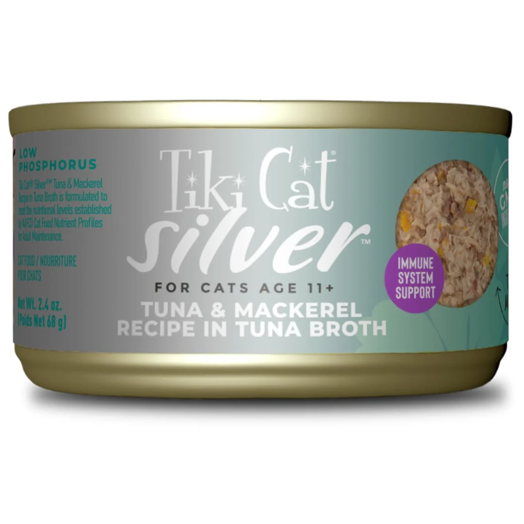 Tiki Cat Silver Wet Cat Food for Seniors Tuna & Mackerel 2.4oz Can - Image 1