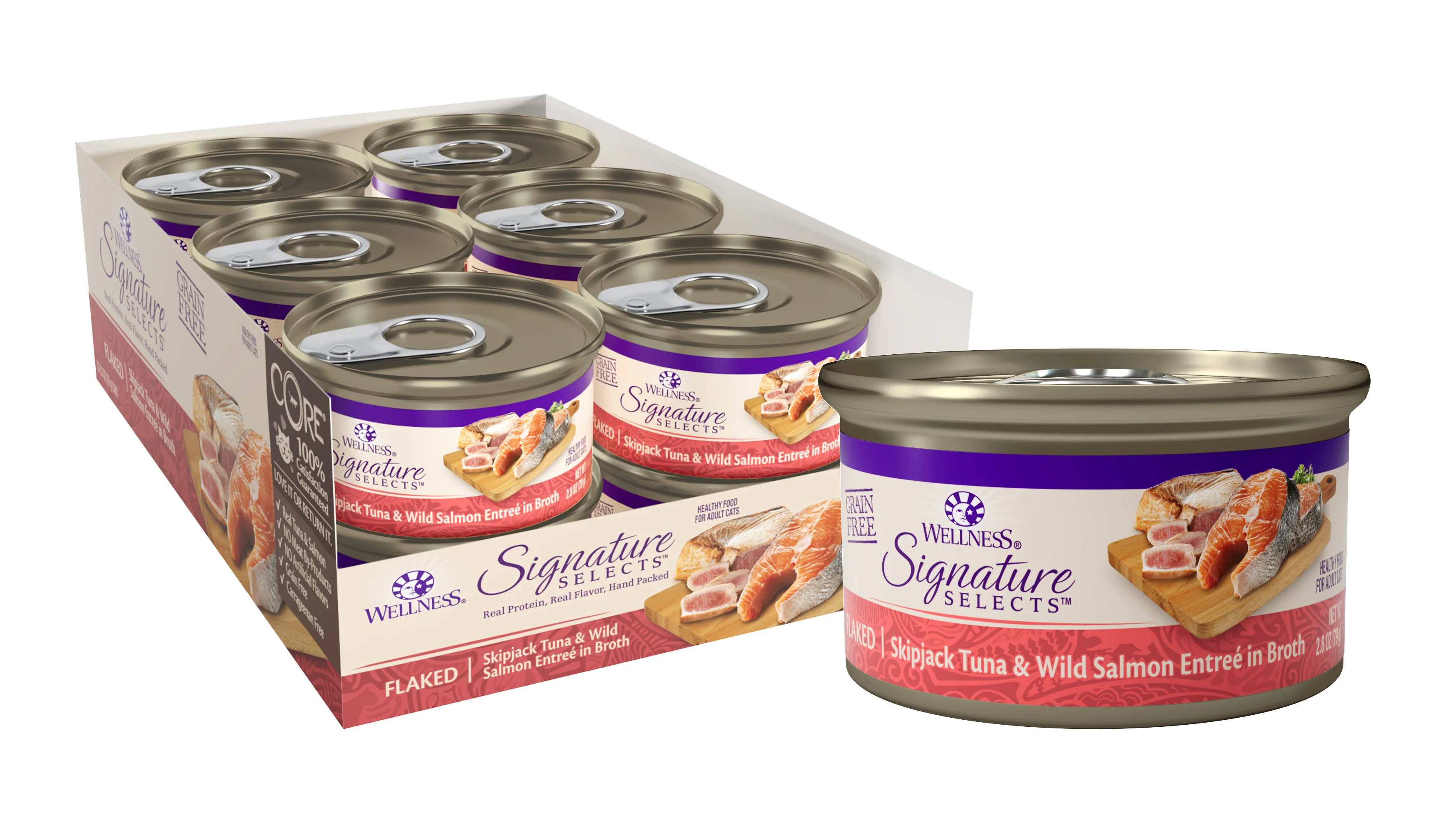Wellness CORE Signature Selects Grain Free Canned Cat Food Flaked Skipjack Tuna & Wild Salmon in Broth 2.8ozs - Image 1
