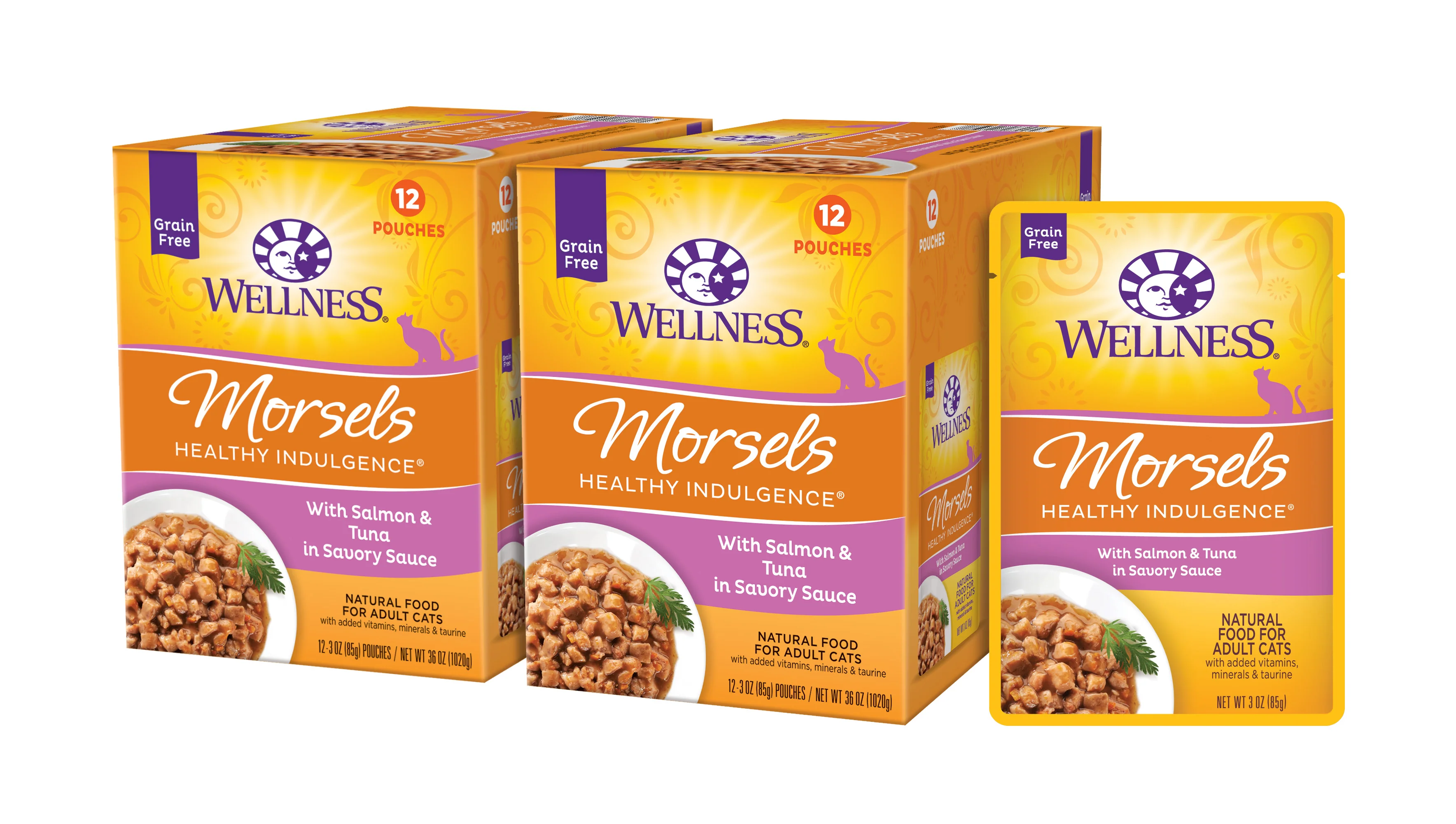 Wellness Healthy Indulgence Natural Grain Free Wet Cat Food Morsels Salmon & Tuna 3oz Pouch - Image 1