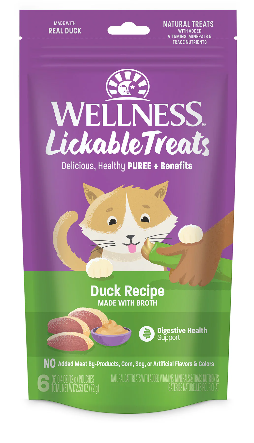 Wellness Lickable Treats Soft Puree Natural Grain Free Cat Treats Duck Contains 6 - 0.4oz Tubes - Image 1