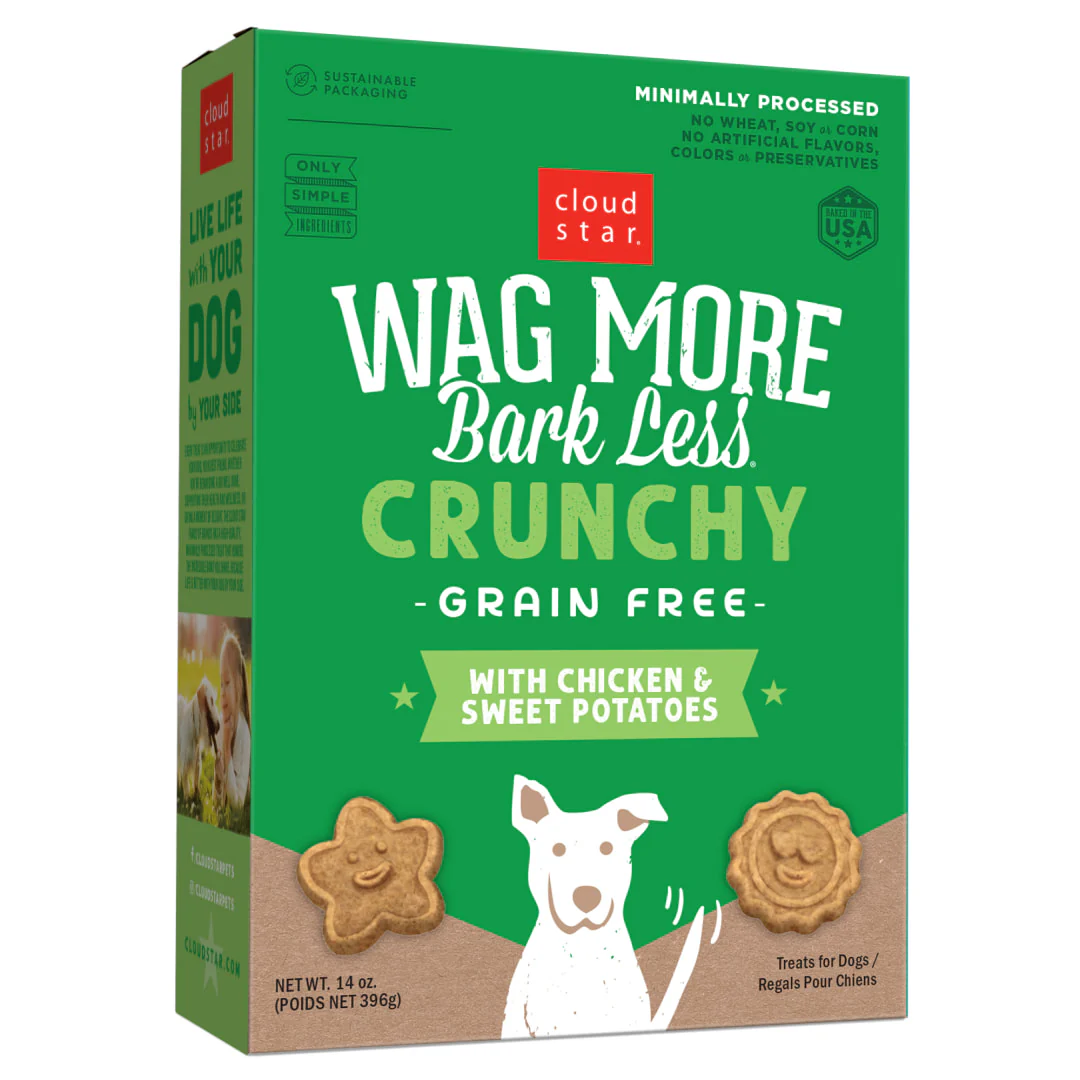 Cloud Star Wag More Bark Less Crunchy Grain Free Dog Treats, Chicken & Sweet Potato, 14 oz. Box - Image 1