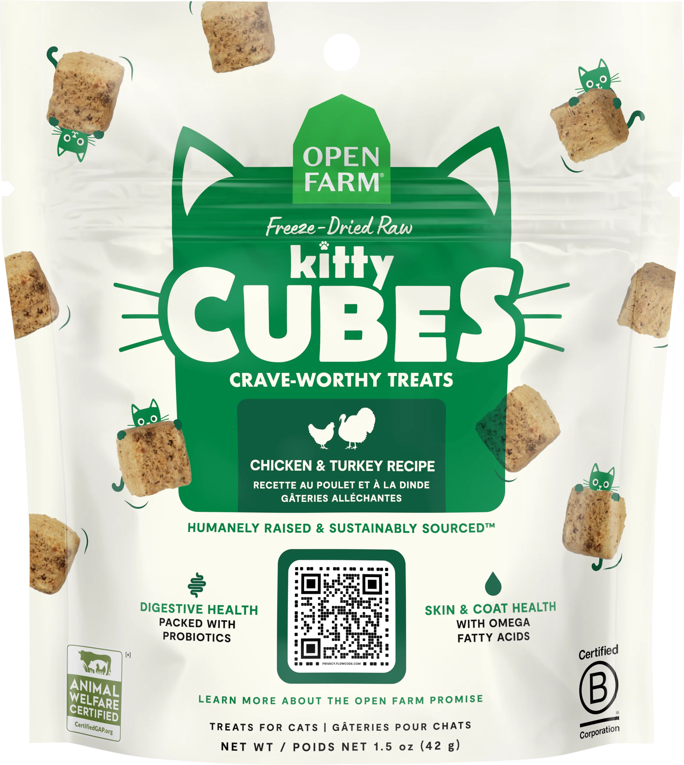 Open Farm Freeze-Dried Raw Kitty Cubes Cat Treats – Chicken & Turkey Recipe 1.5oz Bag